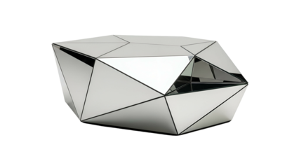 Modern geometric furniture piece displays multifaceted mirrored surfaces against a black background