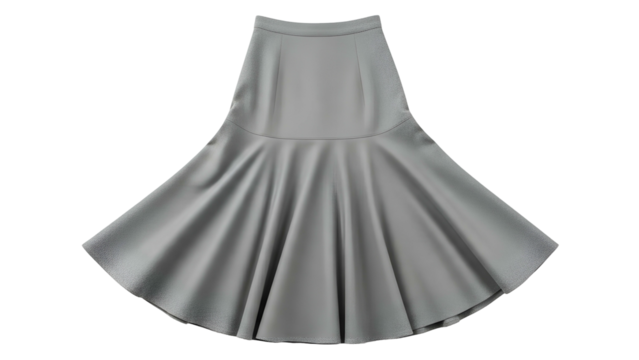 Graceful gray flared lower garment floats against a deep black background