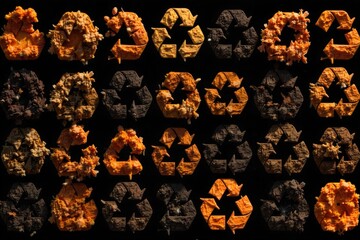 Recycle Arrow Transformation of Materials An abstract composition where various abstract geometric shapes representing raw materials (e.g., metallic fragments, granular textures, plastic like forms)