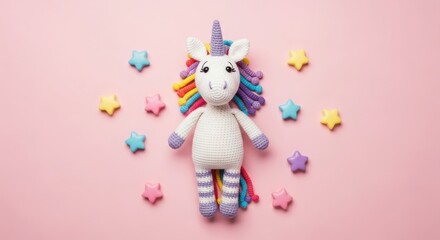 Cute white unicorn toy surrounded by colorful star confetti on pink background
