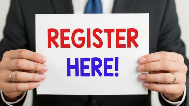 Man in suit holding a sign that says register here
