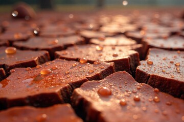 Rain Droplets Falling on Dry Earth in a Parched Field, Symbolizing Hope for Growth Extreme close up of raindrops hitting dry, cracked earth in a barren field. Focus on the impact of the water