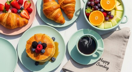 Cozy breakfast scene with &ldquo;Happy Sunday&rdquo; napkin and pastel ceramic tableware