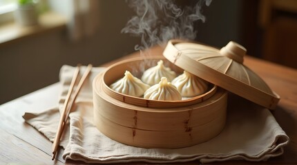 Freshly Steamed Asian Dumplings in Bamboo Steamer with Rising Steam