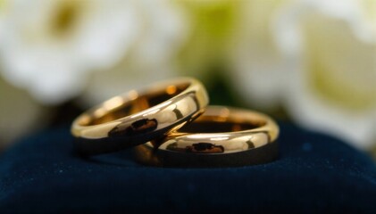 Wedding ring details on textured fabric A close up, detailed photograph of two intertwined wedding rings made of polished gold, resting on a rich, dark velvet fabric. Soft, diffused light highlights