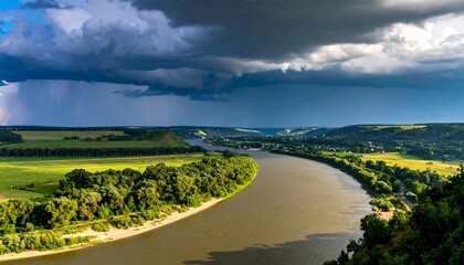 Dramatic River Landscape Under Stormy Skies.