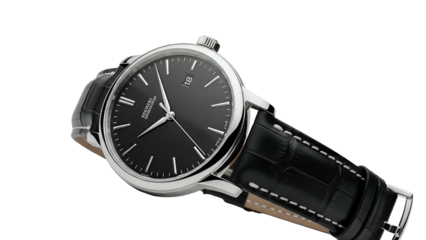 Elegant wristwatch with black dial and leather strap isolated against a dark background