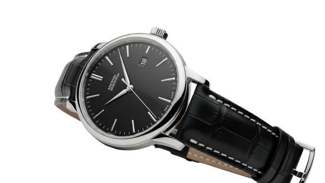 Elegant wristwatch with black dial and leather strap isolated against a dark background
