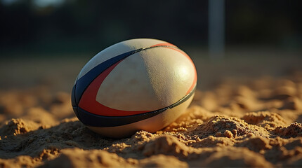Rugby ball resting on sandy ground, illuminated by warm sunlight outdoors close up