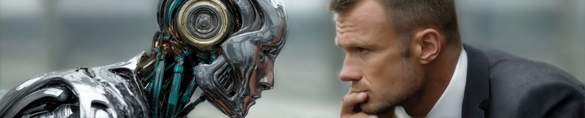 Obraz premium A business professional at a desk interacting with a small holographic AI projection in a modern office setting with soft, realistic lighting.