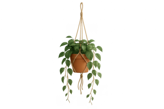 Hanging plant in macrame holder with terracotta pot