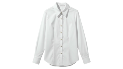 Crisp white long sleeve button up garment displayed against a solid dark background