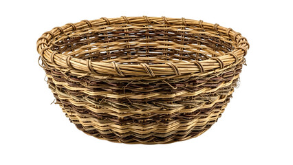 Handwoven container displays intricate traditional basketry weaving patterns on a dark background