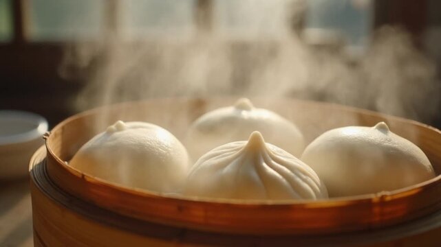 Steaming Buns in Bamboo Steamer Basket