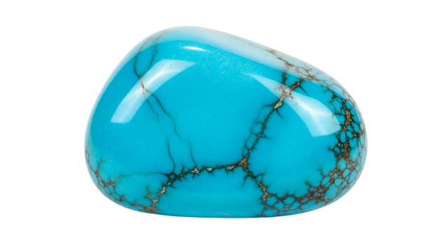 Polished opaque gemstone exhibits vibrant blue coloration with natural brown matrix webbing
