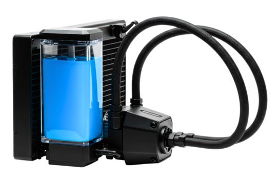 Futuristic cyberpunk cooling mechanism with neon lights on a transparent background