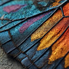 Extreme Close-up of Iridescent Butterfly Wing Scales in Vibrant Blue, Orange, and Pink Hues