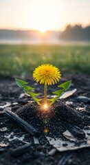 A vibrant yellow dandelion flower blooming amidst burnt debris on the ground during sunrise, symbolizing resilience and new beginnings in a natural setting