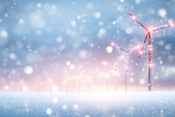 A festive winter landscape with wind turbines adorned in colorful lights, sparkling snowflakes falling, creating a joyful New Year atmosphere