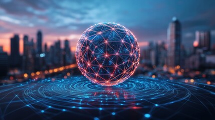 Global network sphere over city