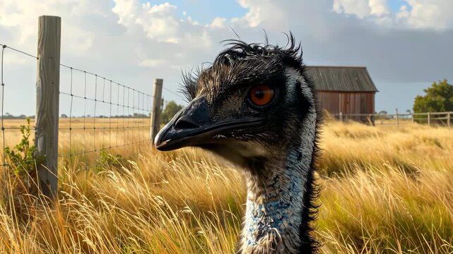 Close up of an emu bird in a grassy field with a fence and barn.