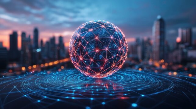 Global network sphere over city - Powered by Adobe