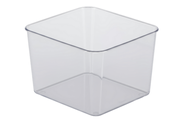 Clear square plastic organizer bin for home or office storage on a transparent background