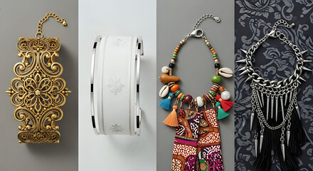 Discover ornate gold cuffs, stylish white bracelets, bold beaded necklaces, and edgy spiked chains for unique jewelry collections and fashion statements