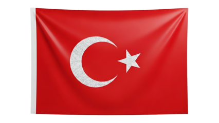 Nation banner displaying a white crescent moon and star motif against a vibrant red fabric background suspended on a black void