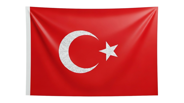 Nation banner displaying a white crescent moon and star motif against a vibrant red fabric background suspended on a black void
