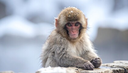 Japanese Macaque Monkey Sitting in Snow with Soft Focus Background.
