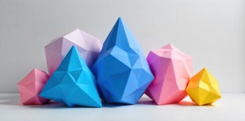 3D Geometric Sculptures Bold Prismatic Forms A studio shot of several abstract, three dimensional geometric sculptures. The forms are sharp edged, with clean lines and bold, saturated colors like