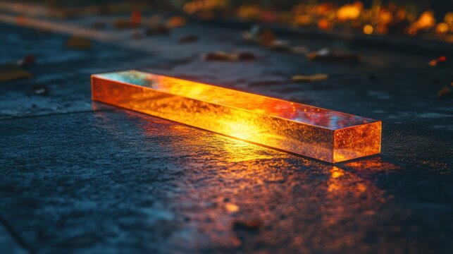 Glowing amber rectangular prism on dark stone
