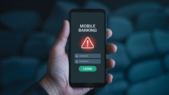 Mobile banking security alert on smartphone held by hand, warning sign, fraud, risk, vulnerability, financial loss, scam, cybercrime prevention