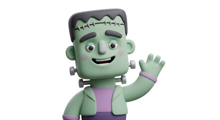 Obraz premium A friendly, cartoonish 3D illustration of Frankenstein's monster waving hello with a smile.