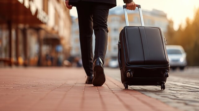 Low-angle close-up of business traveler pulling suitcase on red-brick sidewalk, symbolizing global mobility for International Day of Migrants