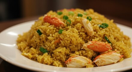 Savory mound of golden fried rice topped with bright pieces of cooked shellfish