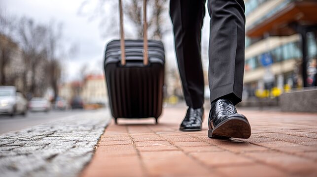 Low-angle close-up of business traveler pulling suitcase on red-brick sidewalk, symbolizing global mobility for International Day of Migrants