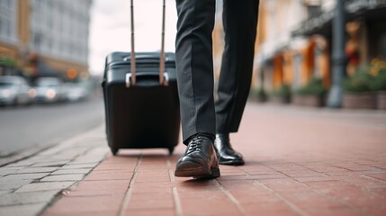 Fototapeta premium Low-angle close-up of business traveler pulling suitcase on red-brick sidewalk, symbolizing global mobility for International Day of Migrants