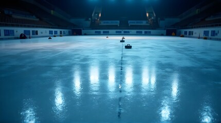 Indoor Curling Arena with Stones on Ice Surface, Blue Lighting and Empty Seating.