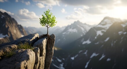 A small, vibrant green tree growing on the edge of a rocky cliff with a breathtaking mountain landscape and sky in the background during sunset