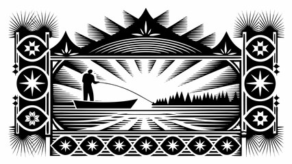 Serene lake fishing scene, tranquil waters reflecting sunrise in decorative woodcut style