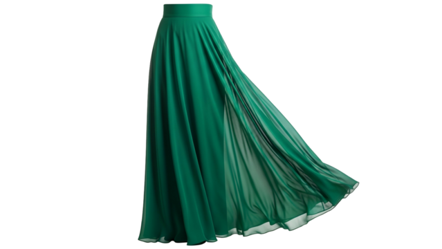 Flowing emerald green chiffon maxi skirt displays movement against a dark background