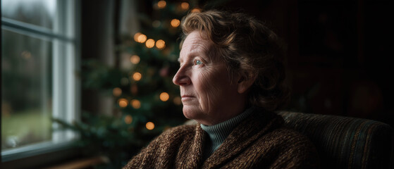 Contemplative lonely senior woman gazing thoughtfully out the window on chirstmas