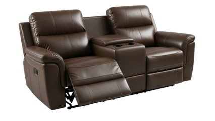 Plush brown double recliner seating unit features integrated cup holders and rests against a stark black background.