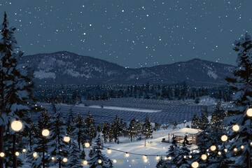 A serene winter landscape showcasing a solar farm adorned with snow, twinkling lights, and a warm, inviting glow, evoking a peaceful New Year's spirit