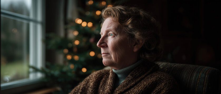 Contemplative lonely senior woman gazing thoughtfully out the window on chirstmas