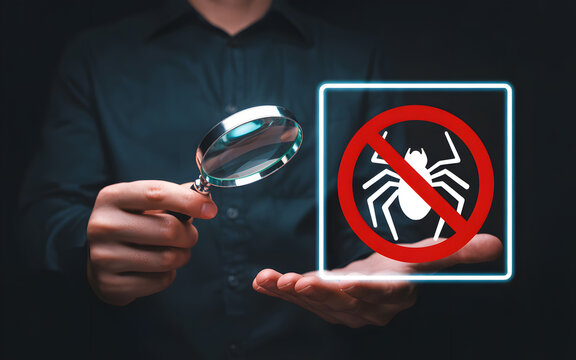 Controlling digital threats with a magnifying glass to eradicate cyber pests and safeguard online privacy, ensuring security against digital predators