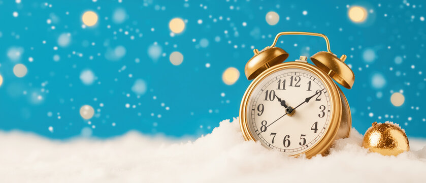 Golden Alarm Clock on Soft Snowy Background with Blue Bokeh Lights