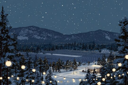 A serene winter landscape showcasing a solar farm adorned with snow, twinkling lights, and a warm, inviting glow, evoking a peaceful New Year's spirit